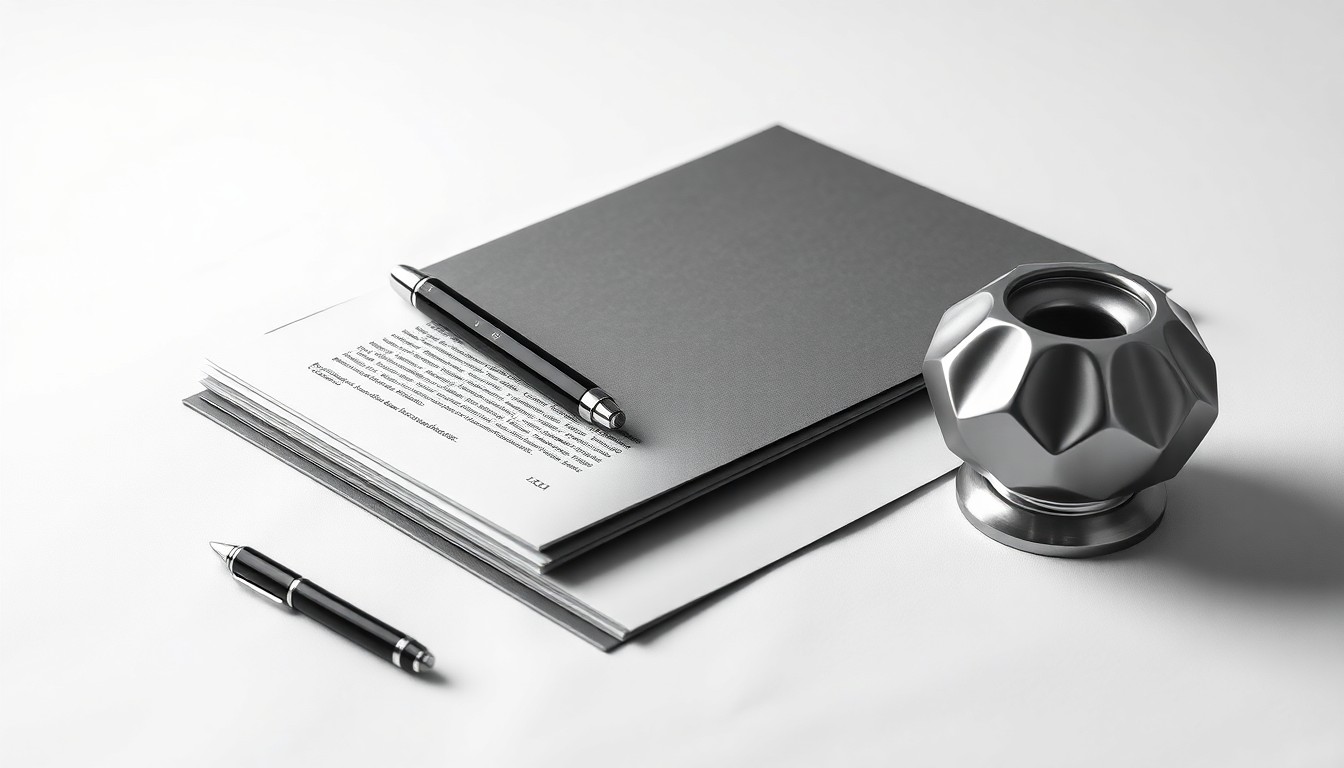 A minimalist studio still life photograph featuring a stack of financial documents, a pen, and a polished metal paperweight, conveying the precision and professionalism of a wealth management firm.