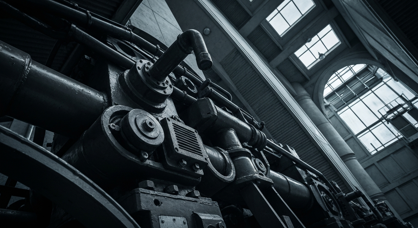 An extreme close-up of gears, levers, and other heavy industrial machinery, representing the complex financial systems underlying the stock market.