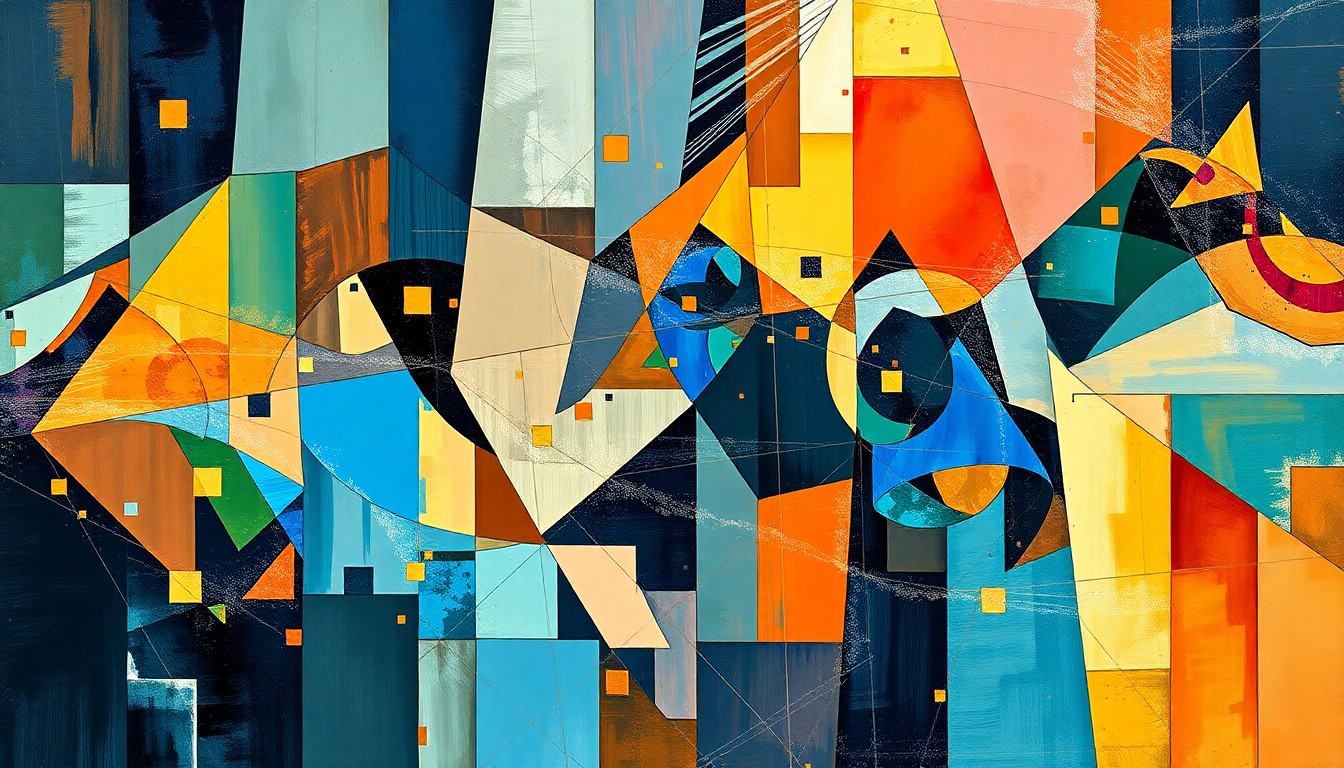 A vibrant, abstract painting with overlapping geometric shapes and waves of color, representing the volatility and uncertainty of financial markets.