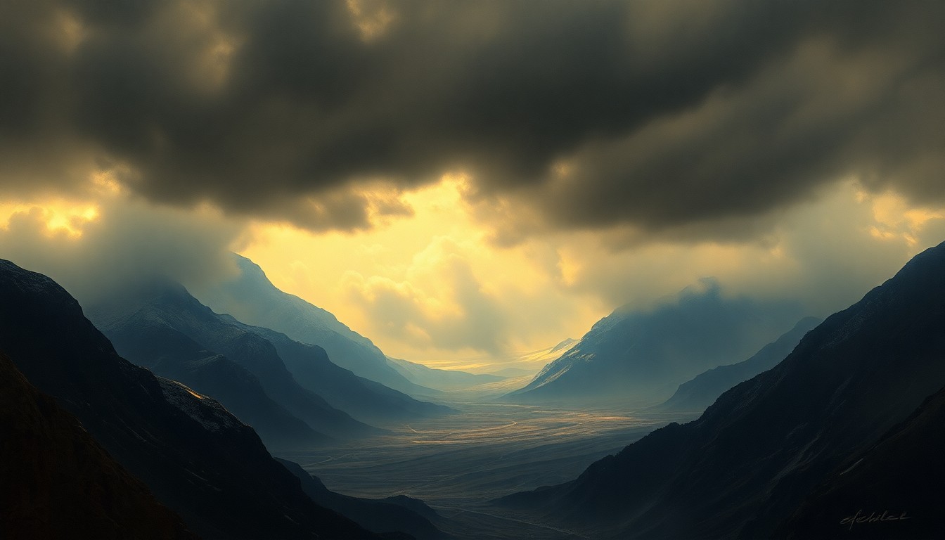 A vast, atmospheric landscape painting in muted tones of blue and grey, with a hazy, distant horizon line and a small, indistinct figure dwarfed by the overwhelming scale of the natural environment.