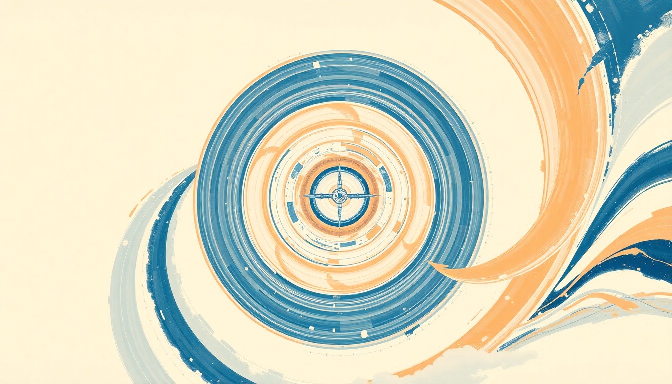 A highly textured, abstract painting in soft blue, orange, and white tones, featuring sweeping geometric arcs, concentric circles, and precise spirals, conceptually representing the energy and structure of a spacecraft launch to the International Space Station.