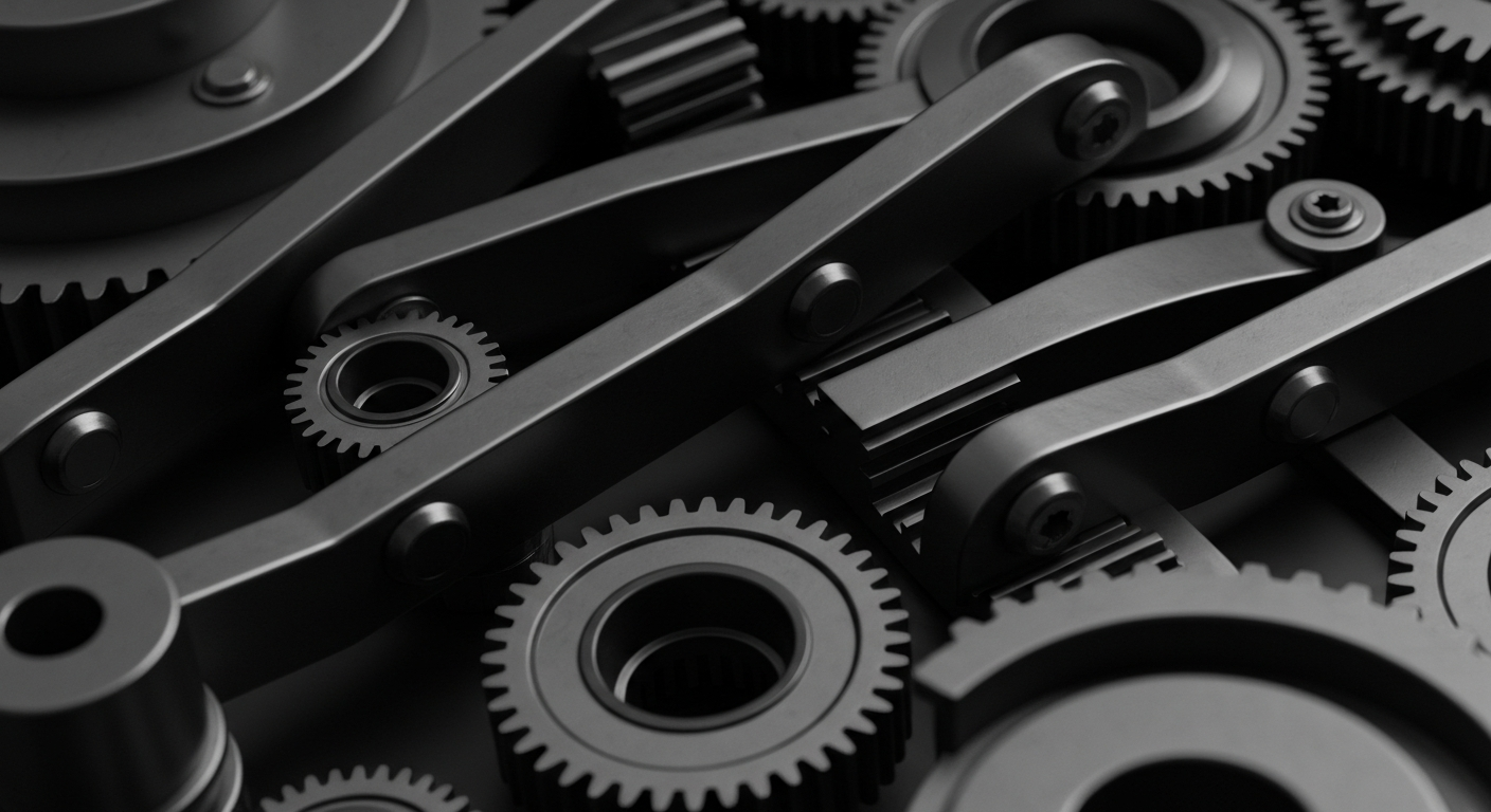 An extreme close-up of industrial machinery components in muted tones, representing the complex financial infrastructure that powers the tech industry.