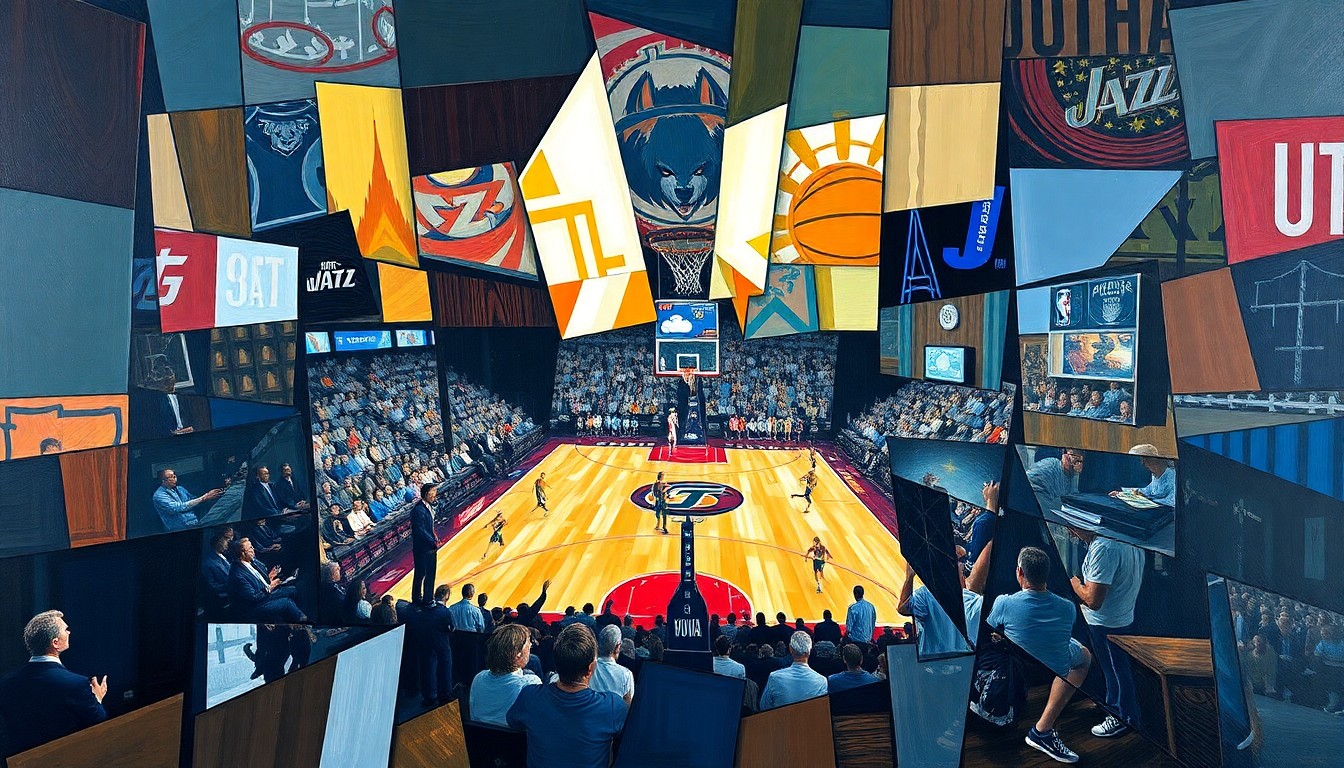 A cubist, geometric painting depicting a basketball game between two teams, with the players and court broken down into sharp, overlapping planes of color and shape.