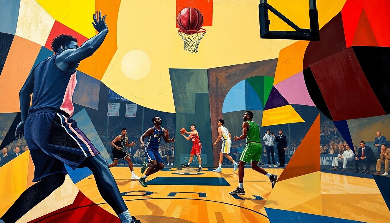 A fractured, multi-perspective painting depicting a basketball game, with the players' forms abstracted into angular, colorful shapes and the court and arena fading into the background.