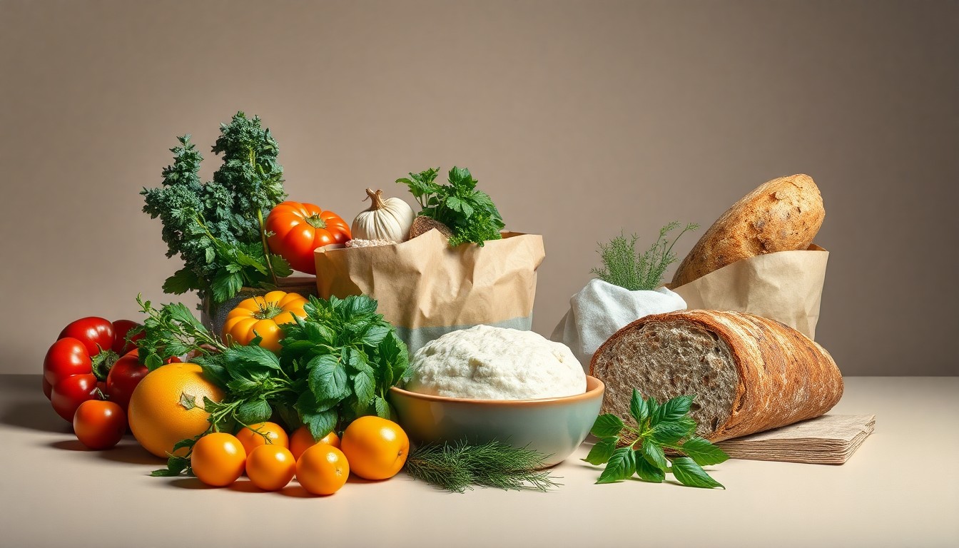 A high-end, photorealistic studio still-life photograph featuring a selection of fresh, locally-sourced ingredients from The Native Cafe, such as seasonal produce, herbs, and artisanal bread, arranged elegantly on a clean, monochromatic background with dramatic lighting and shadows.