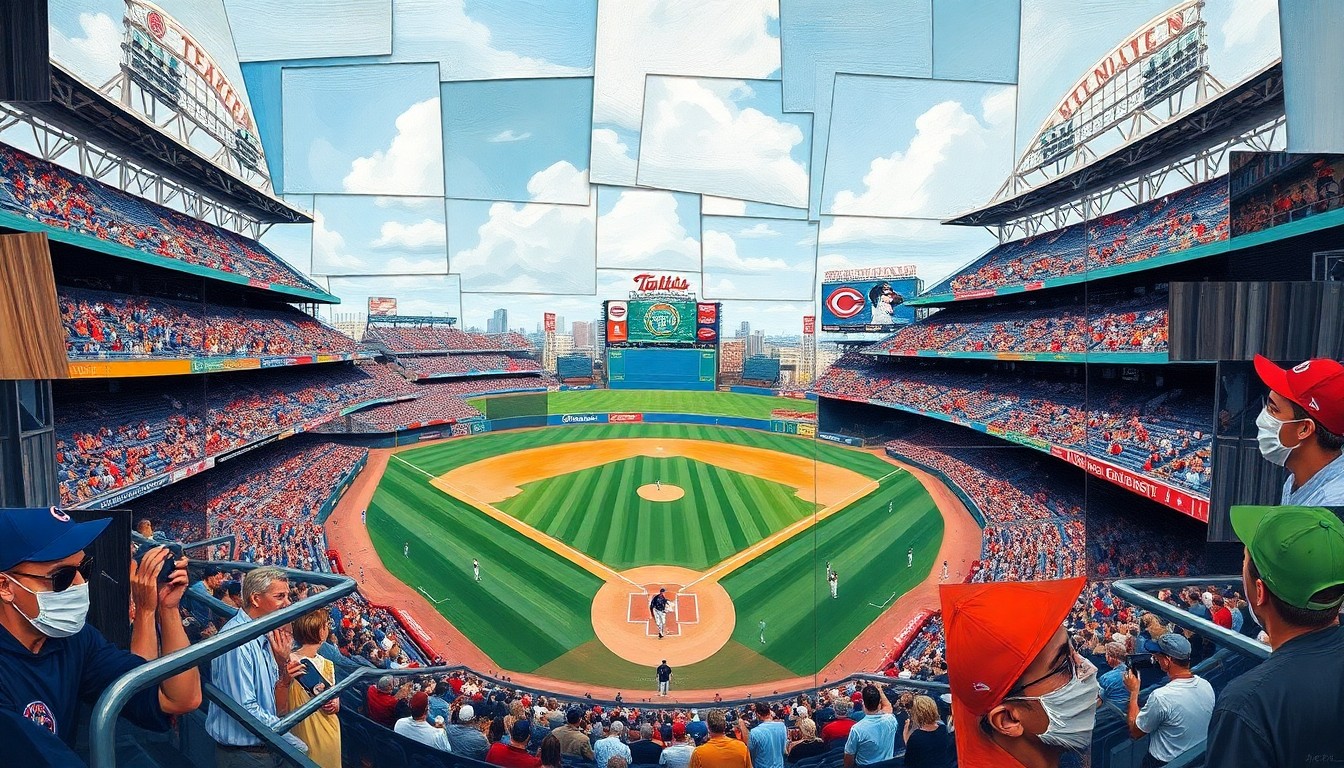 A fragmented, geometric painting depicting a baseball game between the Texas Rangers and Cincinnati Reds, with sharp, overlapping shapes and planes representing the various elements of the match.