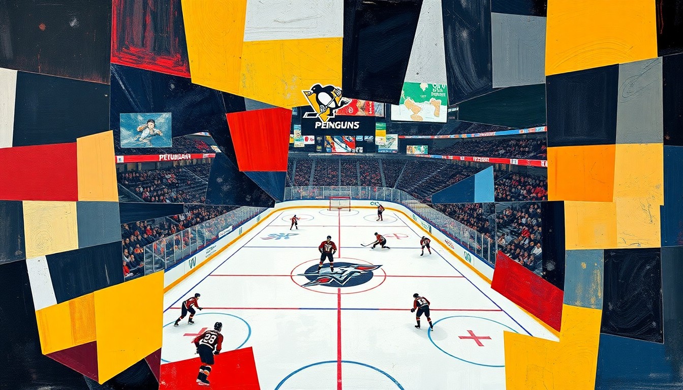 A cubist, geometric painting depicting the action of a hockey game, with players and the rink broken down into sharp, overlapping planes of color and shape, capturing the intensity and energy of the matchup.