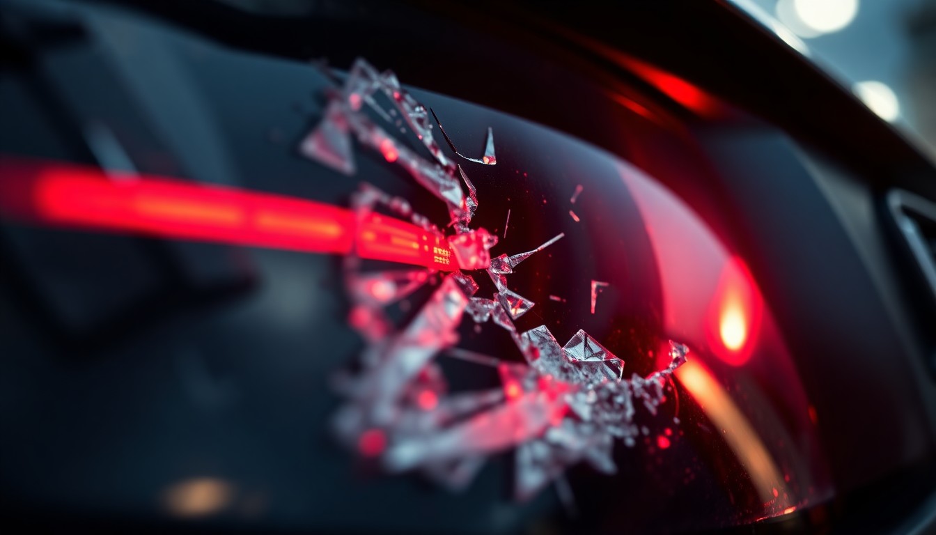 An extreme close-up of a shattered car sensor lens reflecting a faint red light, conceptually illustrating the vandalism of self-driving cars.