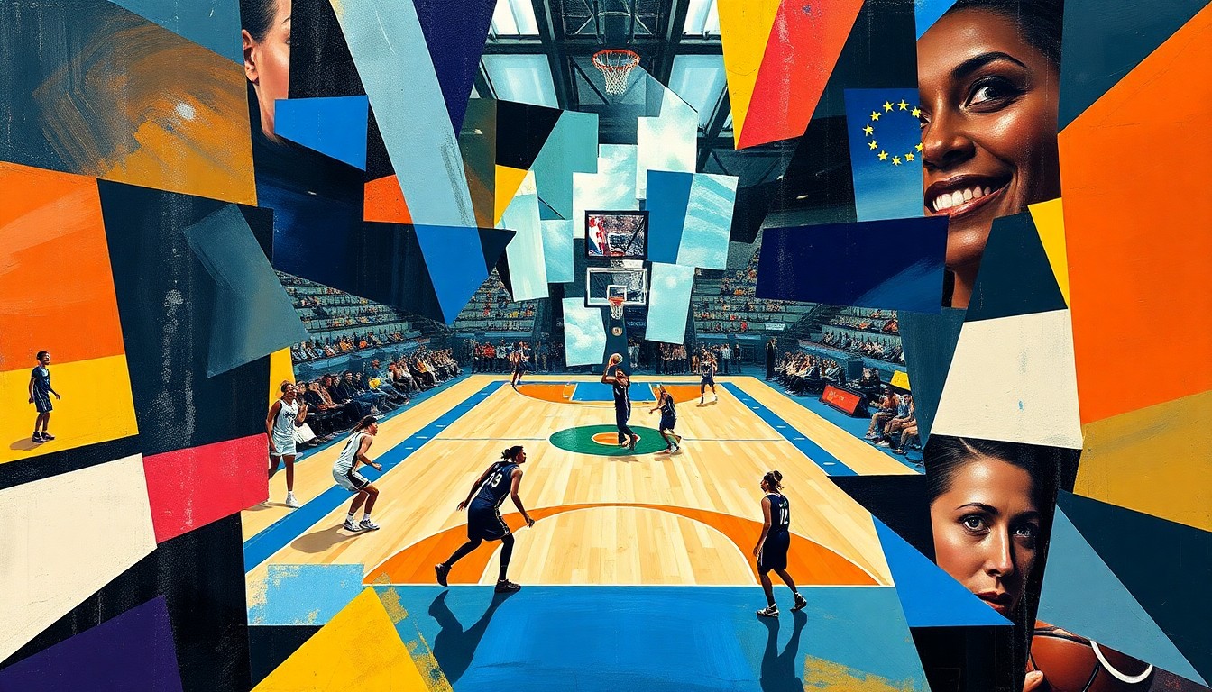 A cubist, geometric painting depicting the dynamic movement and energy of a WNBA basketball game, with players and the court deconstructed into abstract shapes and planes of color.