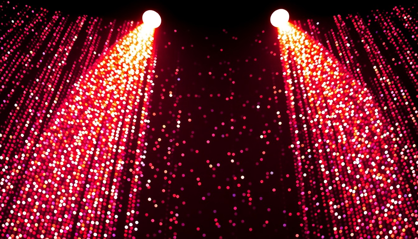 An extreme close-up of shimmering, glittering sequins under dramatic studio lighting, capturing the high-energy and glamour of a concert performance.