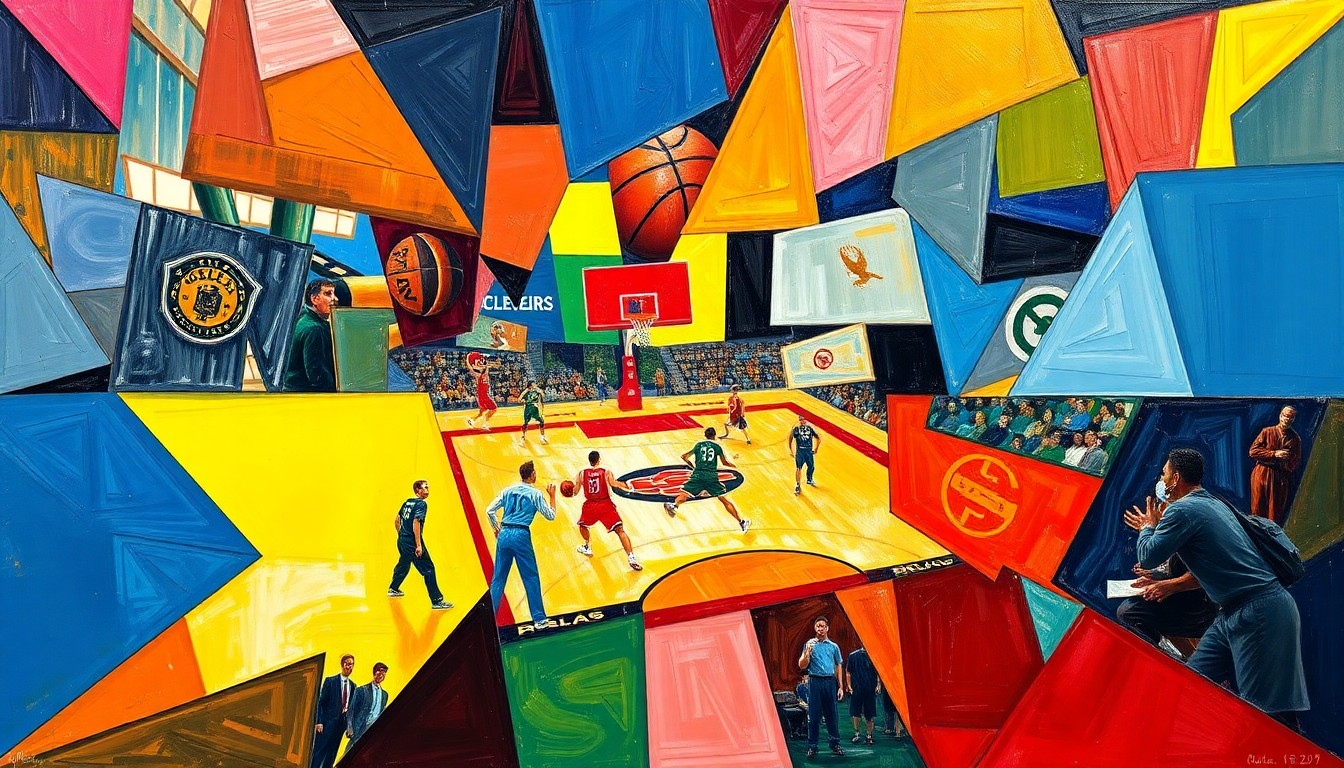 A cubist, geometric painting depicting a fragmented, multi-angled view of a college basketball game, with sharp planes of color representing the official team colors of the schools mentioned in the story, conceptually illustrating the complex strategic shifts and human stories behind the latest coaching carousel.