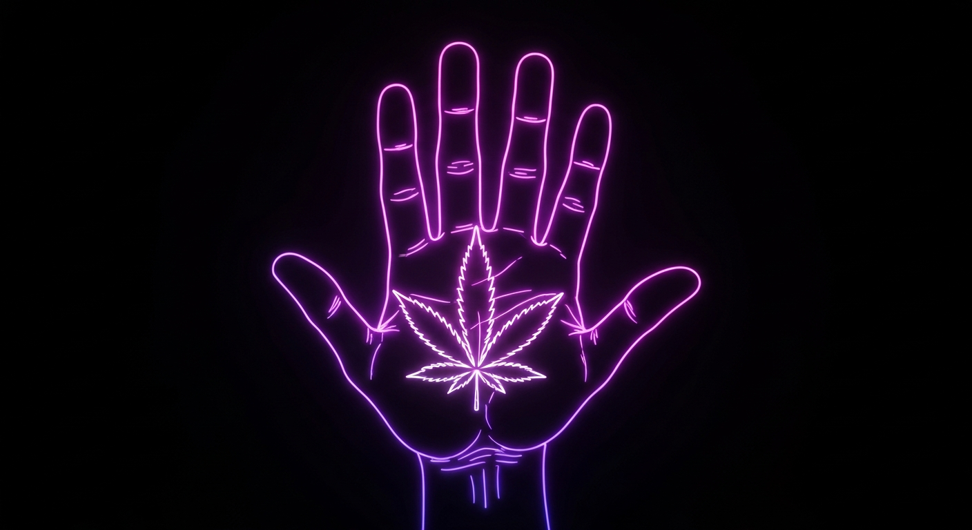 A vibrant, neon-outlined illustration of an elderly hand holding a cannabis leaf, symbolizing the complex issues surrounding senior cannabis use in Massachusetts.