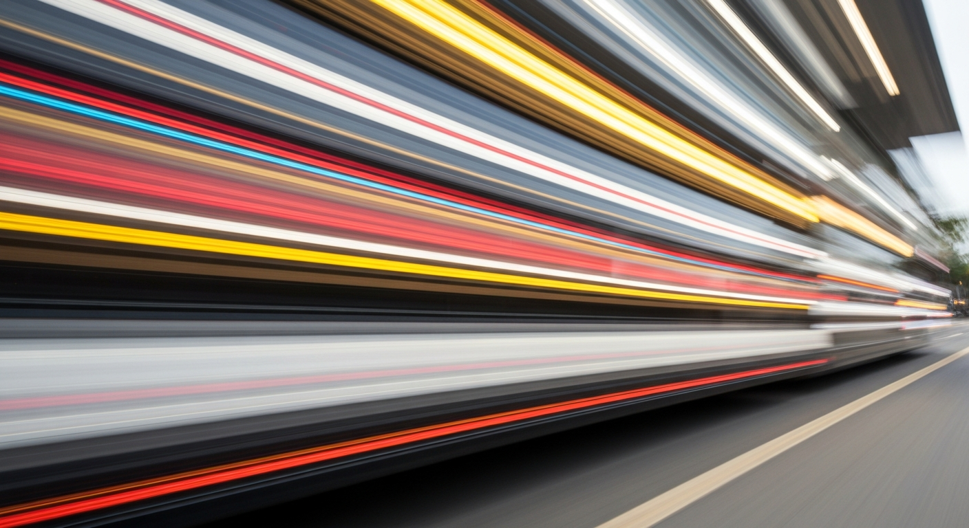 An abstract, colorful image created using a slow shutter speed and panning motion, depicting a blurred and distorted vehicle in motion, conveying the sense of chaos and disruption caused by the pothole on the DuSable Lake Shore Drive ramp.