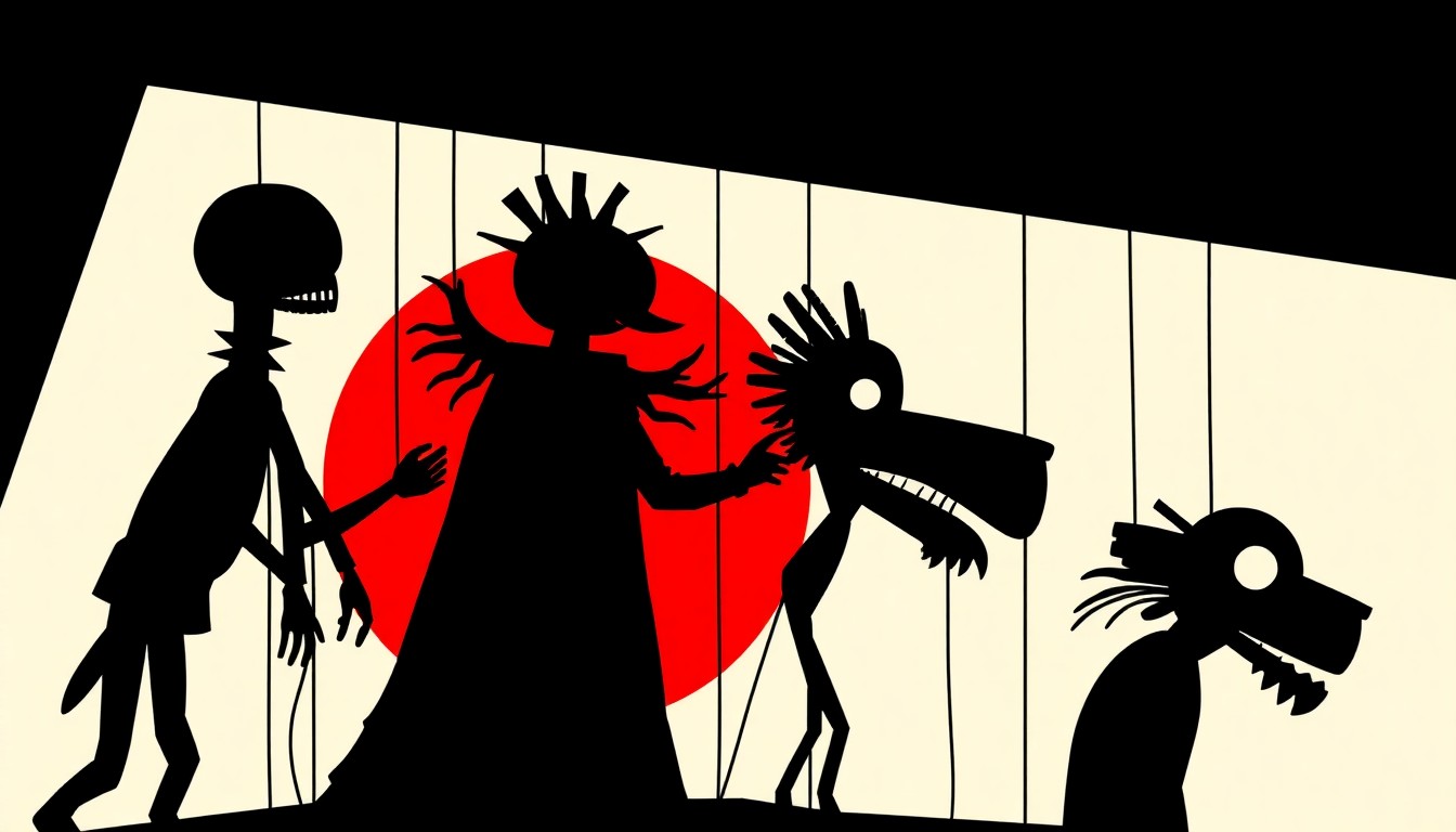 A conceptual illustration featuring bold, geometric black silhouettes and shapes in high-contrast red, white, and black, representing the surreal, theatrical puppets of the Poncili Creación collective.