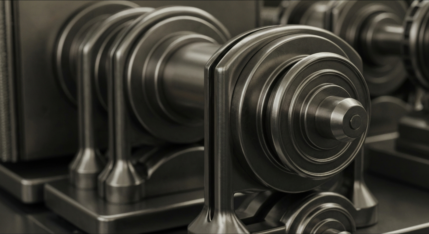 An extreme close-up of intricate, metallic banking mechanisms and gears, conceptually representing the heavy, physical infrastructure of the financial industry.