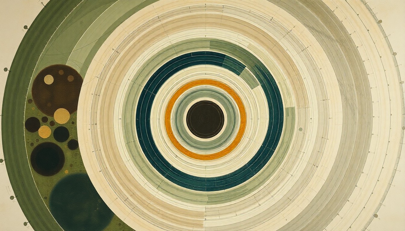 A bold, abstract painting in earthy tones of green, brown, and blue, featuring sweeping geometric arcs, concentric circles, and precise botanical spirals, conceptually representing the interconnected themes of nature, technology, and human society explored in the documentary 'Humboldt USA'.