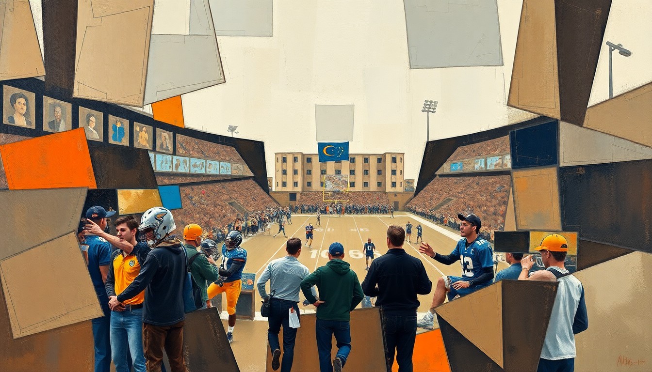 A cubist-style painting depicting a fragmented, geometric football scene, with sharp planes of muted earth tones and pops of orange and blue, conveying the complex challenges and high-stakes nature of Monken's new role.