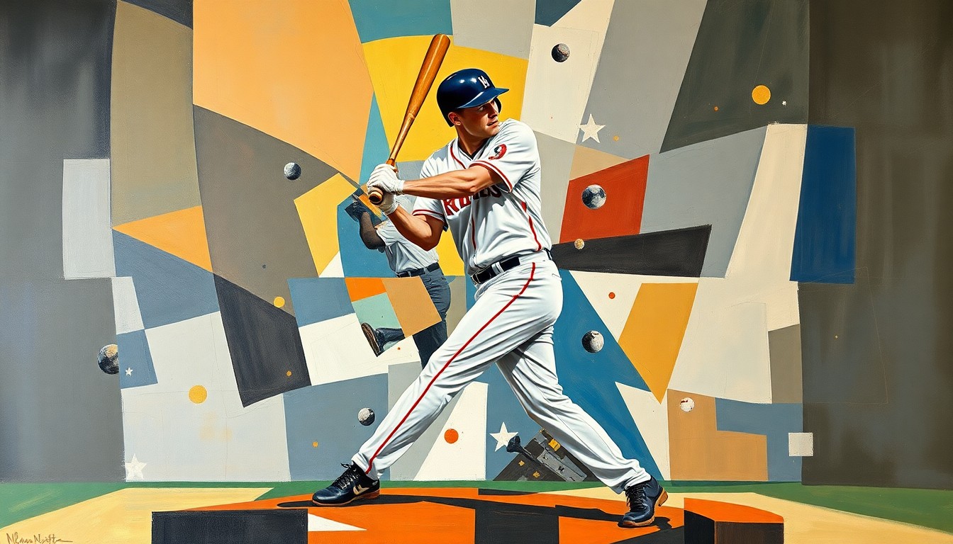 A cubist-style painting depicting a baseball player's batting stance and swing broken down into sharp, overlapping geometric shapes and planes, conceptually representing the debate over Oneil Cruz's optimal position for the Pirates.