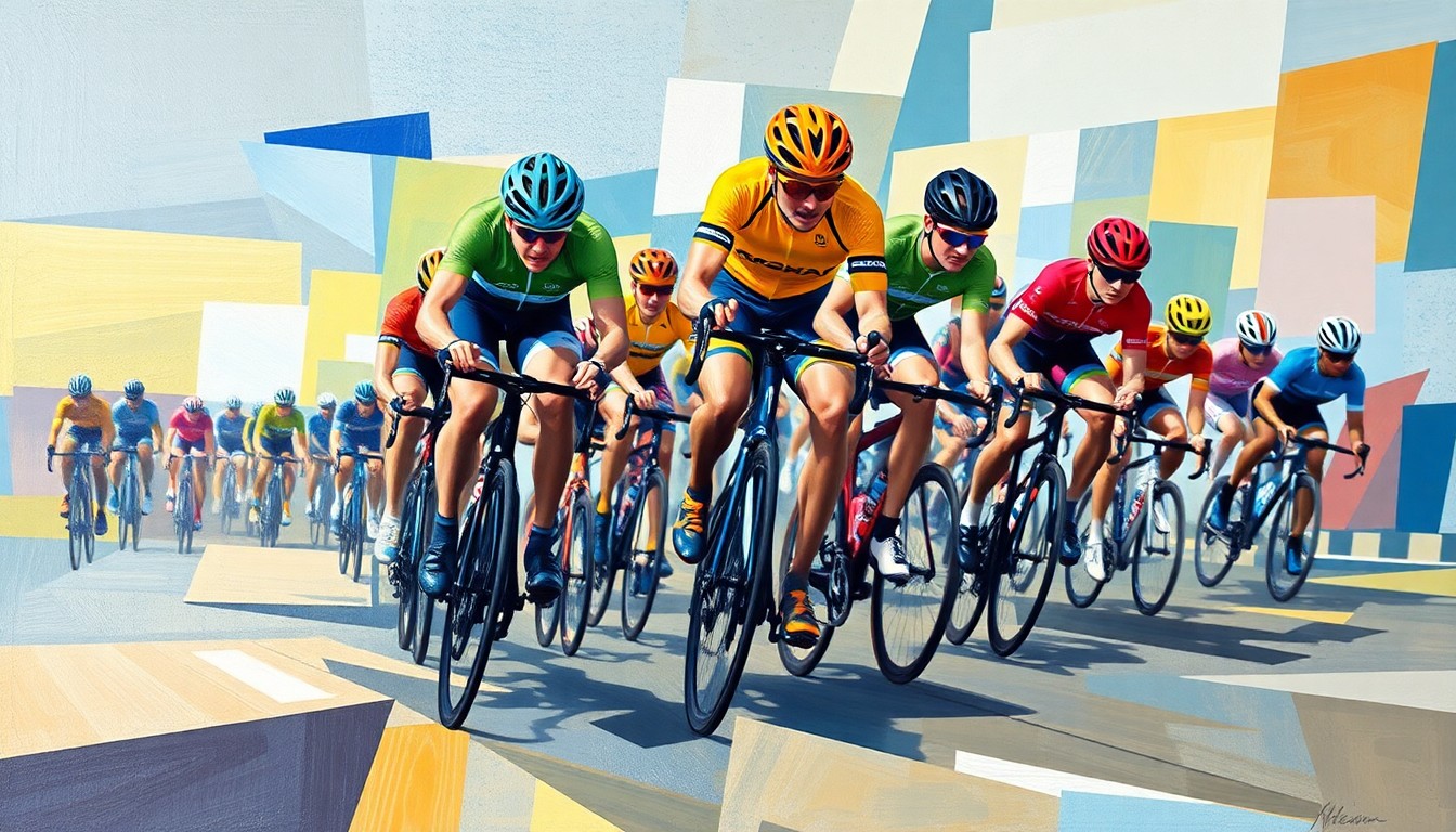 A cubist, geometric painting depicting a cycling race, with overlapping planes of color and form representing the dynamic and multifaceted nature of the competition.