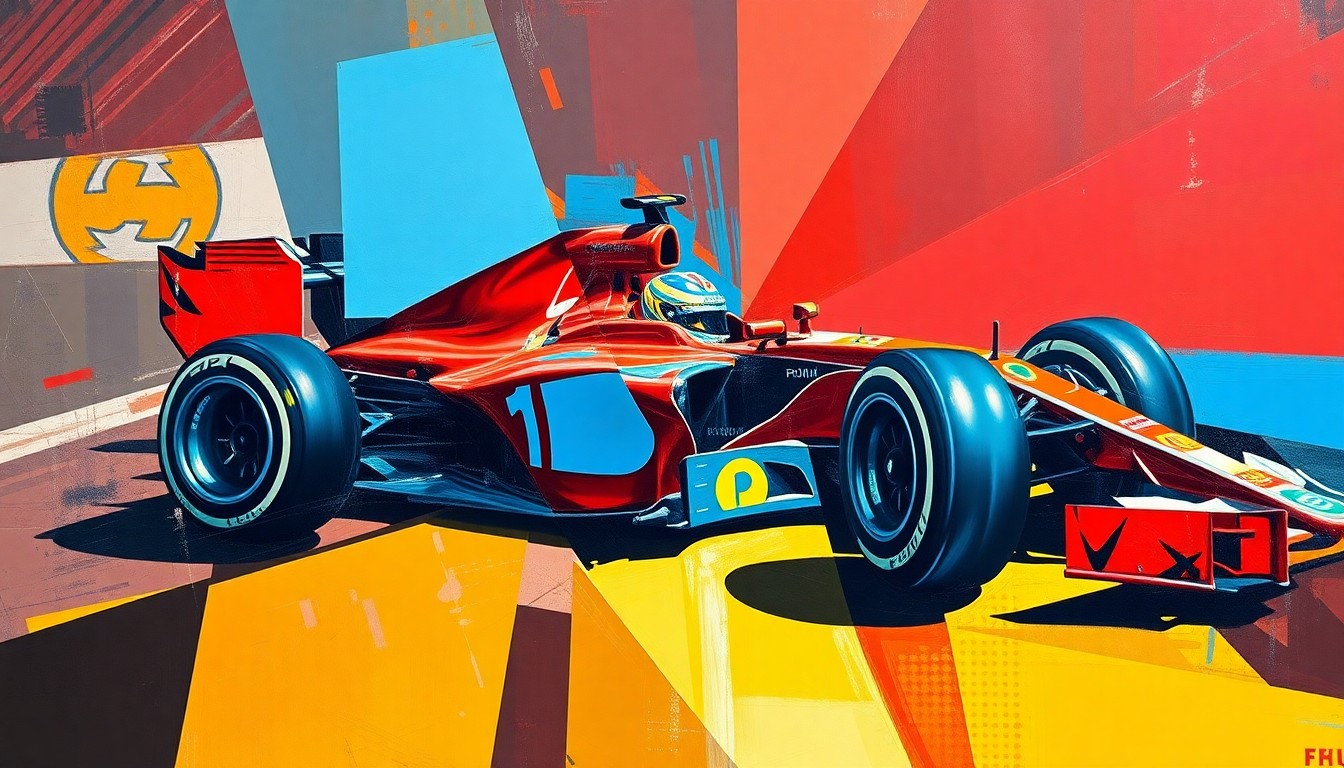 A cubist, geometric painting depicting a Formula 1 car or race scene, with sharp, overlapping planes of color and form that capture the dynamic energy and complexity of modern motorsport.