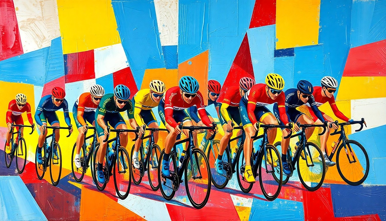 A fractured, cubist-style painting depicting a cycling race, with sharp, overlapping geometric shapes in vibrant colors, conceptually representing the resilience and redefinition of limits in Pozzovivo's unretirement.