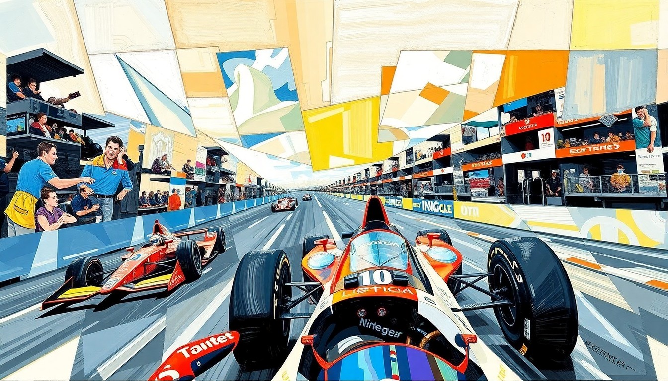 A cubist, geometric painting depicting an abstract IndyCar race scene, with sharp, overlapping planes of color and form representing the diverse expertise of the new IndyCar Officiating Board.