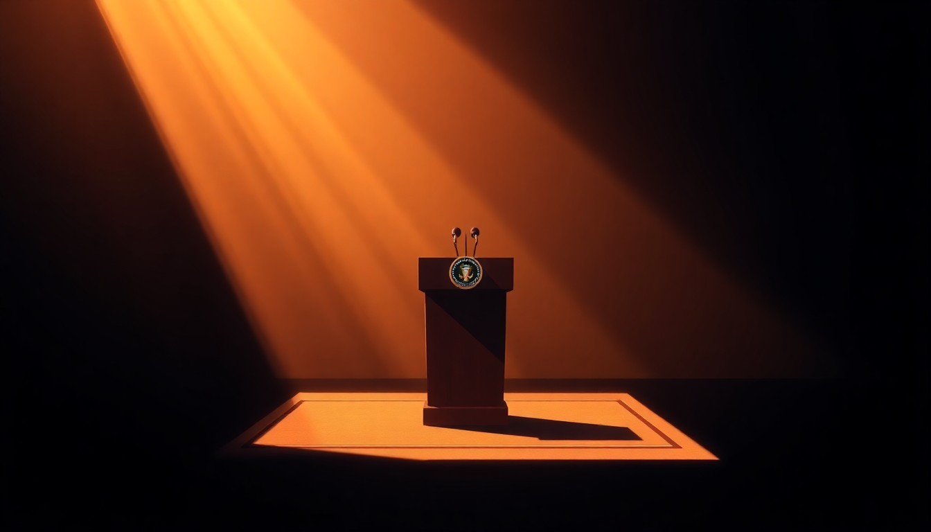 A serene, photorealistic painting depicting a solitary presidential podium set against a dimly lit, urban backdrop, with warm sunlight casting dramatic shadows across the scene, conveying a sense of contemplation and the weight of political leadership.