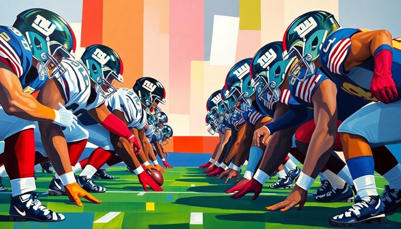 A cubist, geometric painting depicting a fragmented football offensive line, with sharp, overlapping planes in the official colors of the New York Giants, conceptually representing the team's strategic focus on rebuilding their front.