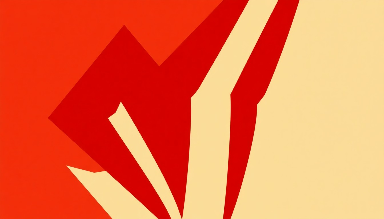 A striking abstract composition of jagged, geometric shapes in deep red and warm ochre, conceptually representing the varied artistic mediums and movements featured in the 