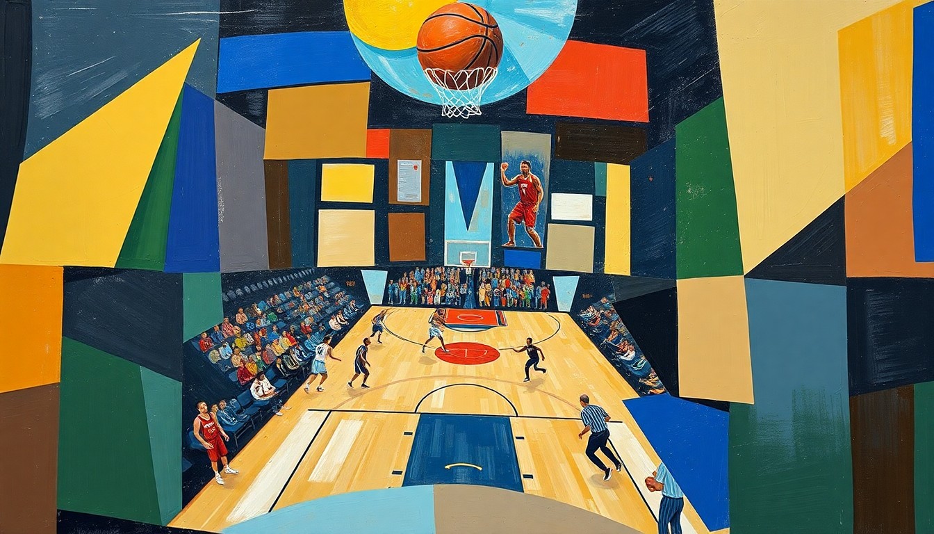 A cubist-style painting featuring sharp, overlapping geometric shapes in shades of blue, orange, and gray, representing the disruption of a basketball game due to environmental conditions on the court.