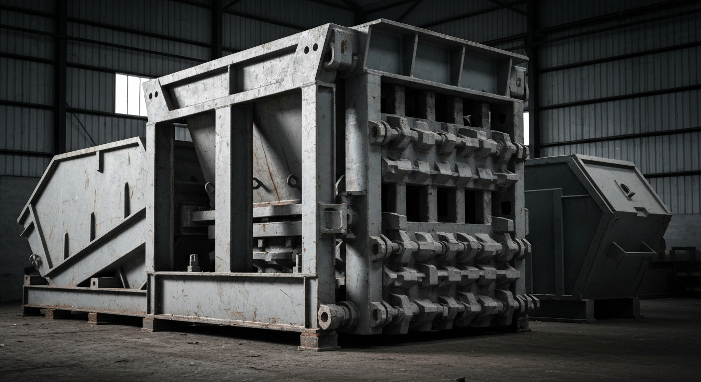 A highly detailed, black-and-white close-up image of the gears, levers, and other industrial components that make up the heavy machinery used in waste management operations, conveying the physical scale and complexity of this critical infrastructure.