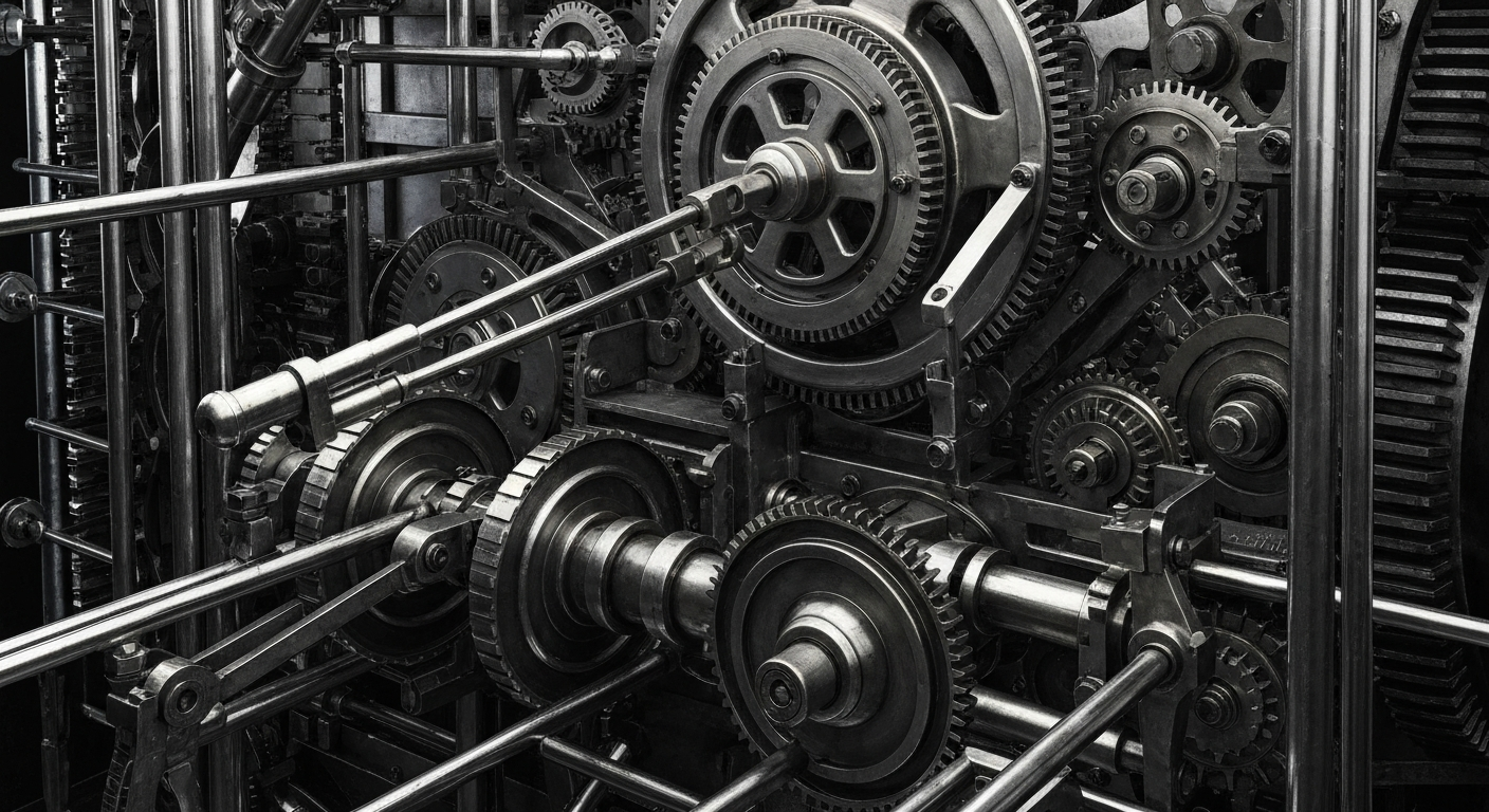 An extreme close-up of the heavy, industrial mechanisms and components that make up the financial and operational backbone of a major media company like Disney, conveying a sense of institutional strength and complex infrastructure.