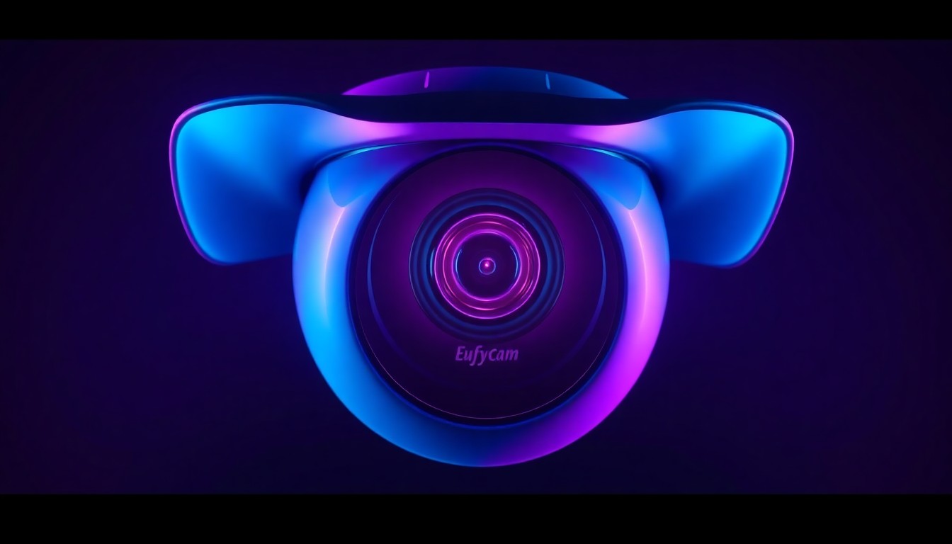 A highly detailed, glowing 3D macro illustration of the EufyCam S4 security camera, with its sleek, futuristic design and triple-lens setup illuminated by neon cyan and magenta lights, conceptually representing the camera's advanced surveillance features.