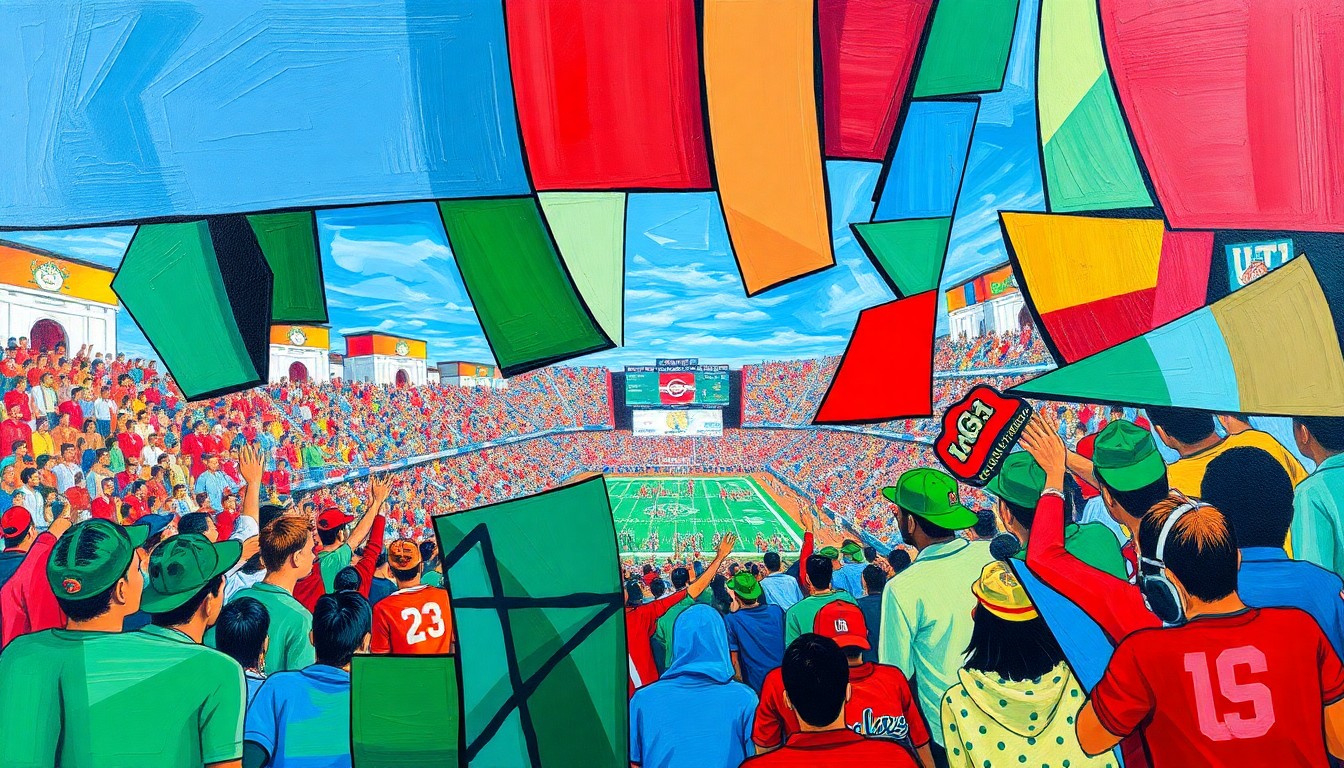 A cubist, geometric painting depicting a college sports celebration or competition, with sharp, overlapping planes of vibrant colors like sky blue, emerald green, and crimson red, capturing the energy and dynamism of the event.