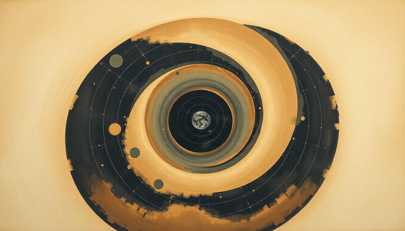 A bold, abstract painting in soft, earthy tones depicting the intricate celestial bodies and structures of the night sky, conveying the structural order and beauty of the universe without using any text or symbols.