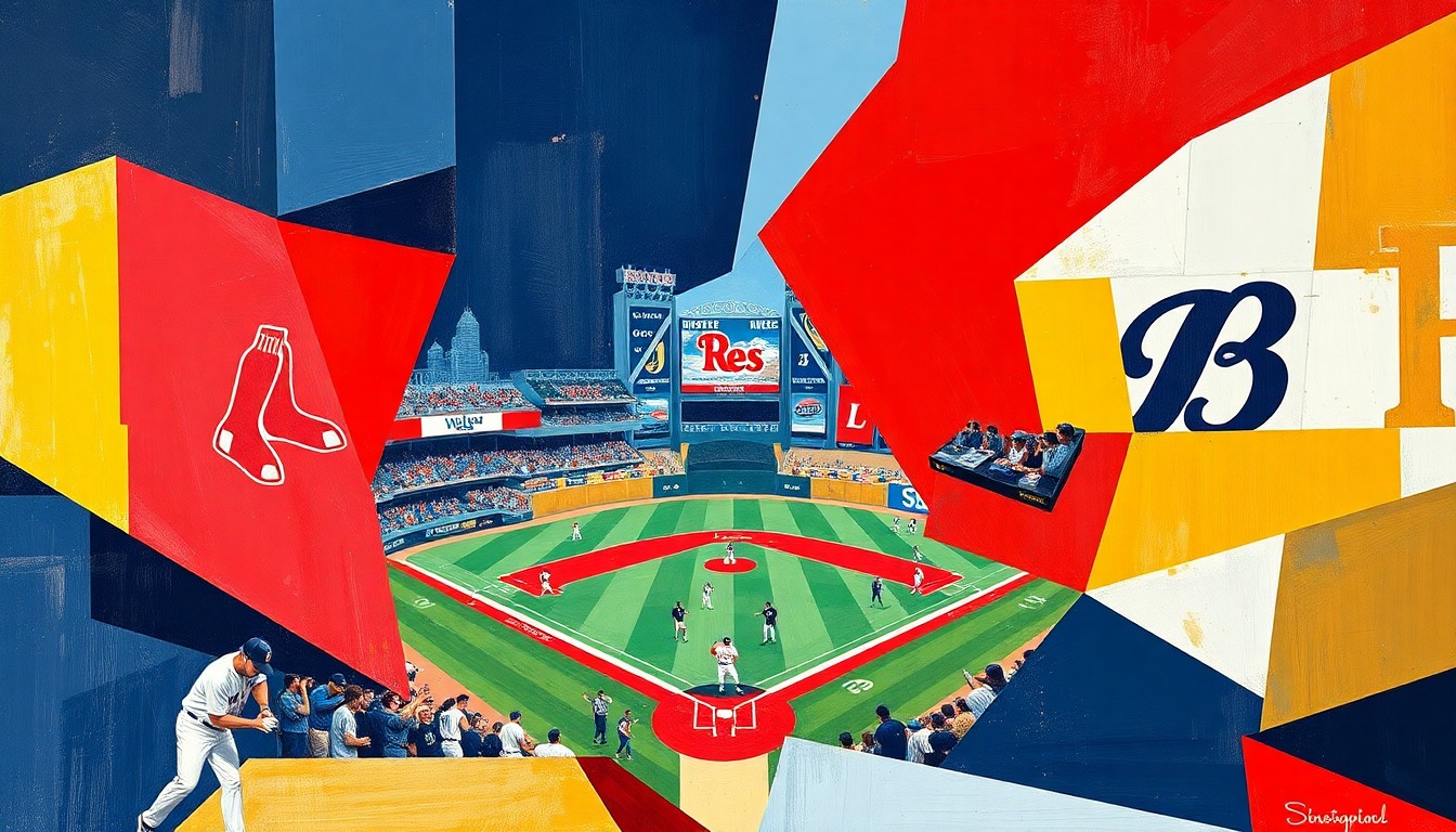A fragmented, geometric painting in shades of red, navy blue, and white, capturing the chaotic energy and high-stakes tension of a baseball game between the Red Sox and Brewers.