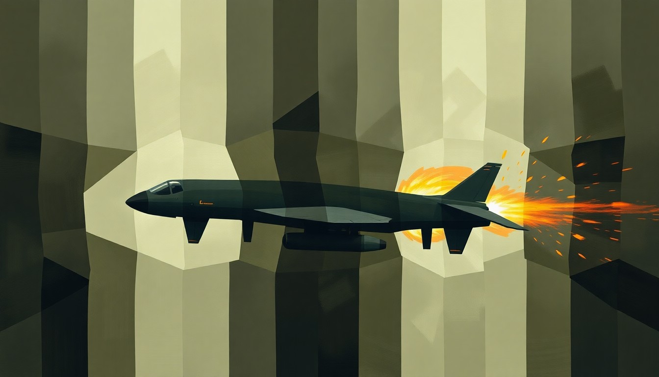 A dynamic, fragmented painting depicting a military missile or drone in flight, with overlapping geometric shapes and waves of dark, muted colors conveying a sense of power and unrest.