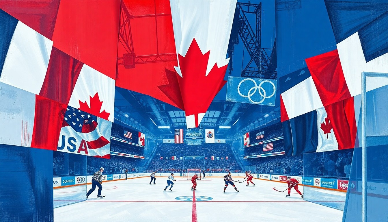 A cubist, geometric painting depicting the USA vs. Canada Olympic hockey final, with sharp, overlapping planes of red, white, and blue representing the intense competition and national pride on display.