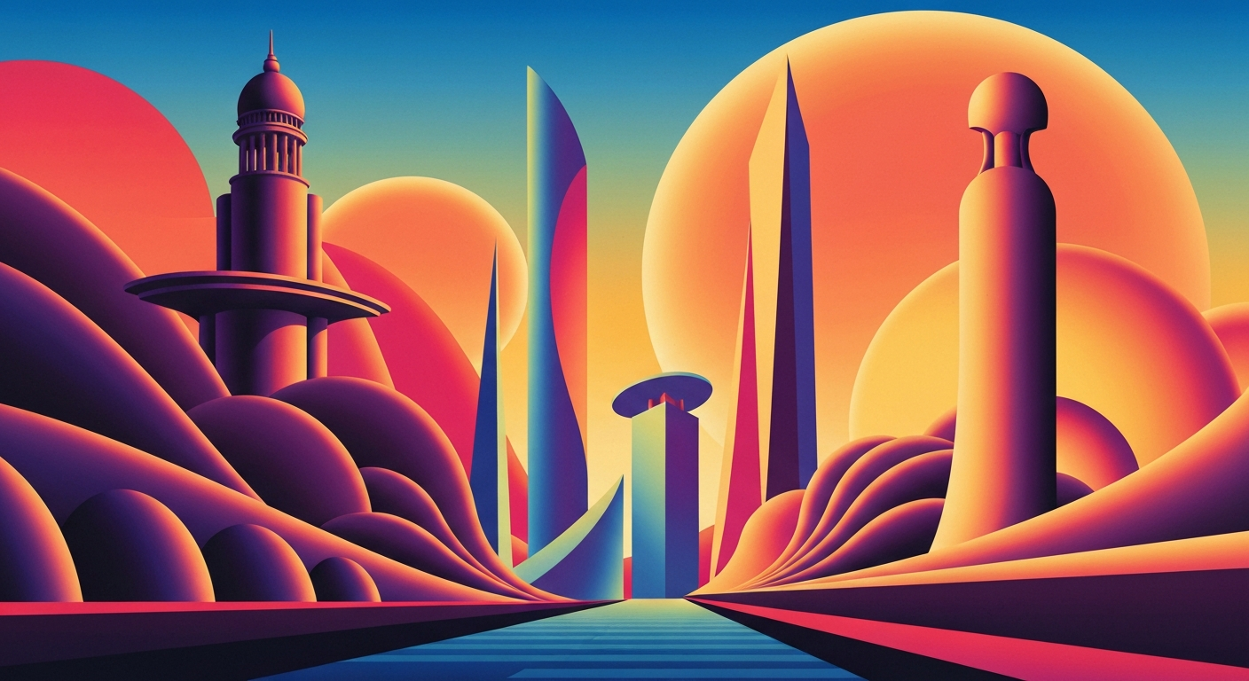 A highly stylized, geometric illustration in the Art Deco Monumentalist style, depicting a sweeping, streamlined landscape with towering architectural forms and vibrant, airbrushed gradients, capturing the grand scale and romance of travel without any literal depictions of people or text.