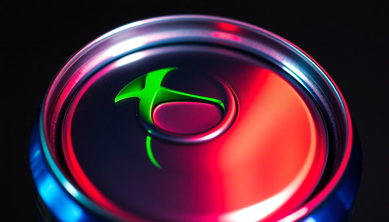 An extreme close-up photograph of a shiny, metallic Fanta can lid reflecting a bright, neon-colored Xbox logo, conceptually representing the fusion of gaming and soft drinks in this unique anniversary celebration.
