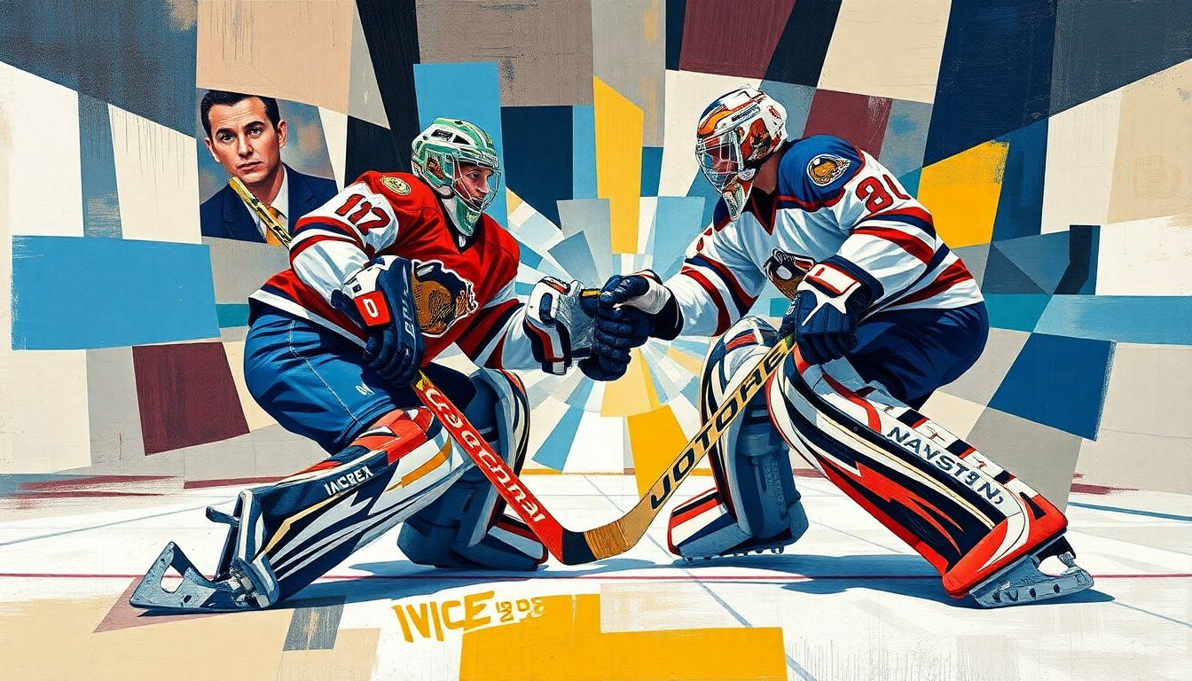 A cubist-style painting depicting a fractured, multi-perspective scene of two hockey goalies engaged in a physical altercation on the ice, their bodies and equipment broken down into sharp, overlapping geometric shapes and planes.