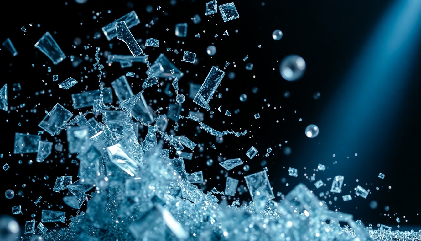 An abstract close-up image featuring shattered glass and glittering sequins, captured in dramatic, high-contrast studio lighting to convey the chaotic and unpredictable nature of reality TV production.