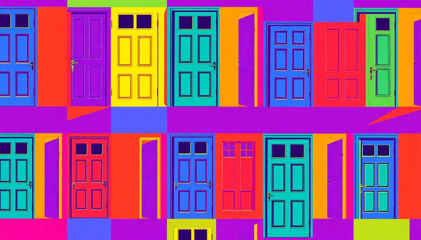 A brightly colored, high-contrast silkscreen print of a single, iconic housing-related object repeated in a tight grid pattern, conceptually representing the transformative mission of the new Thrive Studios development.