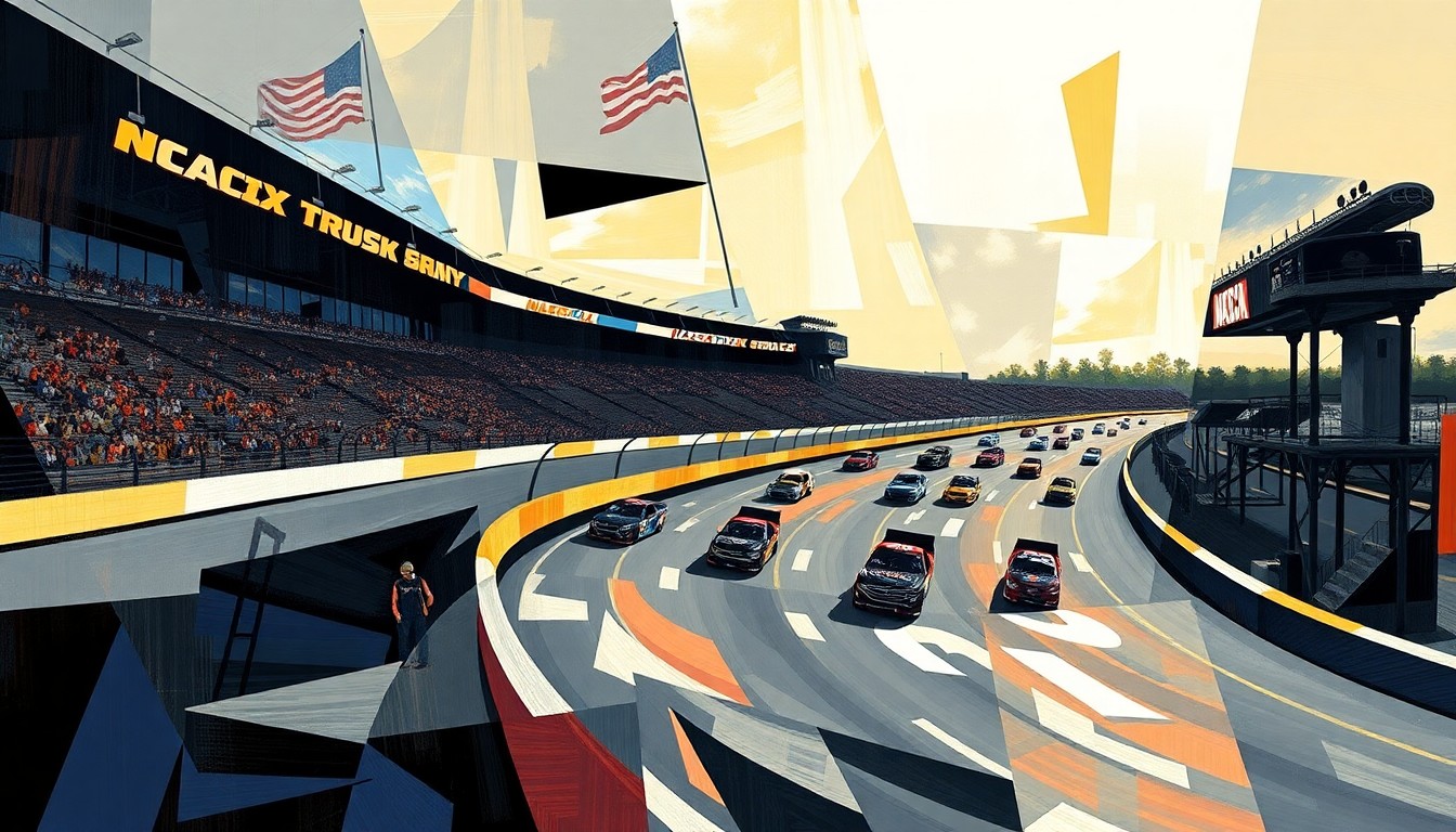 A cubist, geometric painting depicting the dynamic movement and energy of a NASCAR Truck Series race at Bristol Motor Speedway, with the iconic track and silhouettes of the racing trucks broken down into sharp, overlapping planes of color.