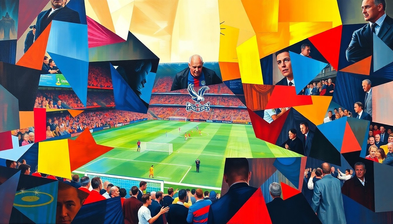 A cubist, geometric painting depicting a fractured, multi-perspective view of a Crystal Palace soccer match, with sharp, overlapping planes of vibrant red and blue colors representing the team's official palette.