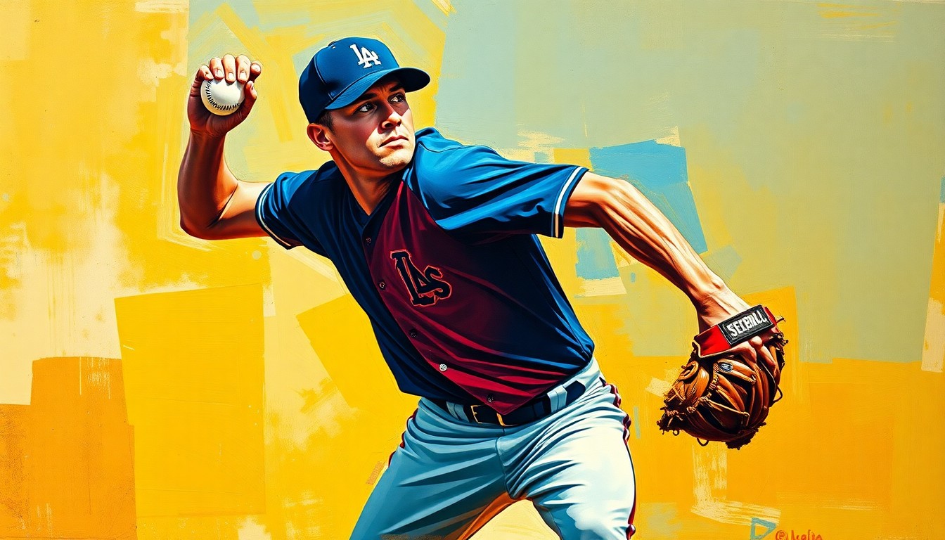A cubist, geometric painting depicting a baseball pitcher's motion broken down into overlapping planes of navy blue, crimson red, and golden yellow, capturing the dynamic energy and movement of the sport.