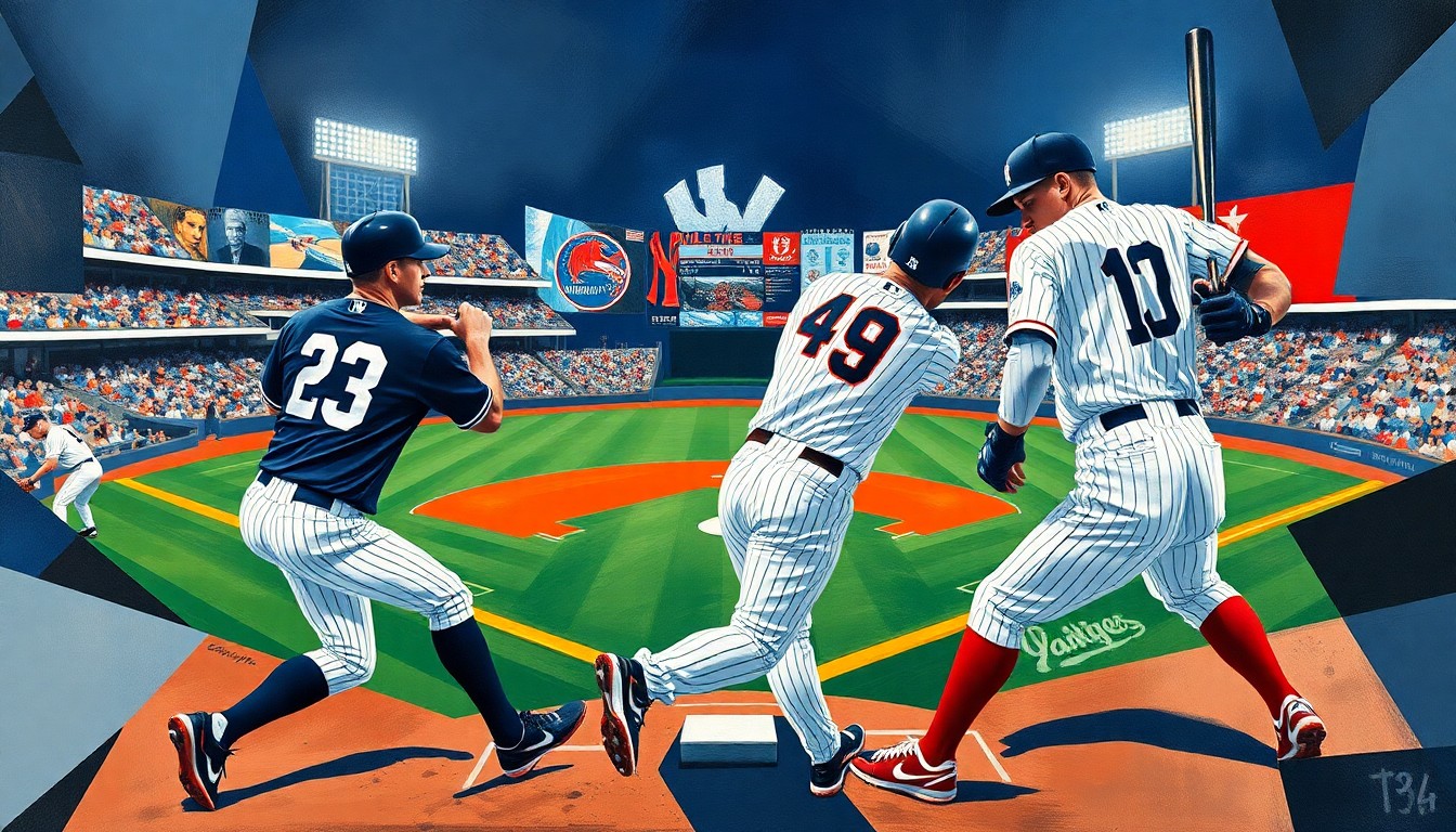 A cubist-style painting depicting a fragmented, multi-perspective view of a Yankees baseball game, with the players' forms abstracted into angular shapes and the ball and field elements also broken down into geometric planes. The color palette features the team's iconic navy blue and white, with pops of bright red.