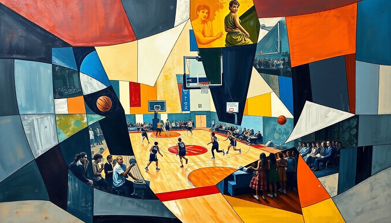 A cubist-style painting depicting a fragmented, multi-angled view of a women's basketball game, with sharp geometric shapes and planes of color representing the dynamic action on the court.