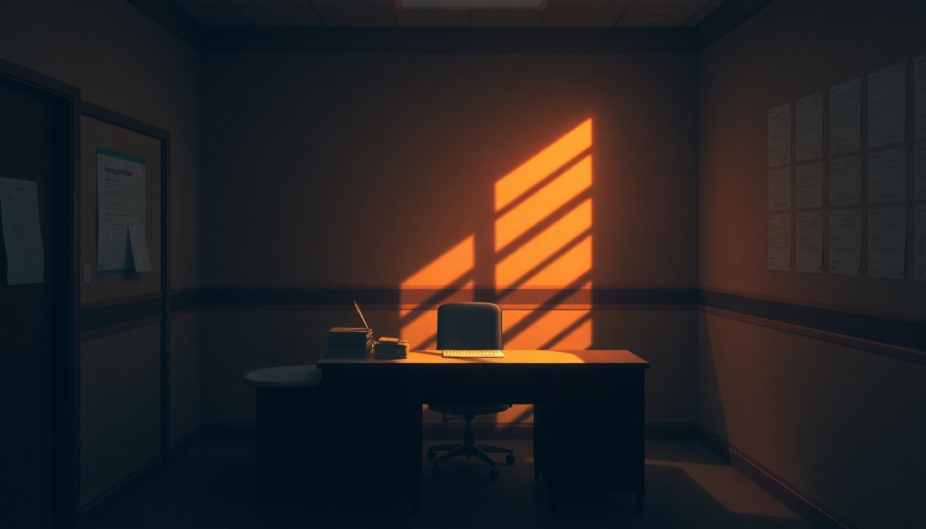 A dimly lit, cinematic painting of an empty immigration office desk, with warm sunlight streaming in through a window and casting deep shadows across the surface. The scene conveys a sense of solitude and uncertainty, reflecting the complex and contentious nature of the immigrant visa suspension.