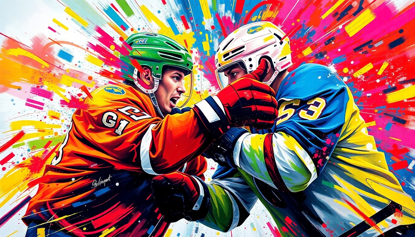 An abstract, neon-colored painting depicting two hockey players engaged in a physical altercation, with their forms breaking apart into vibrant, expressive brushstrokes that capture the intensity of the moment.